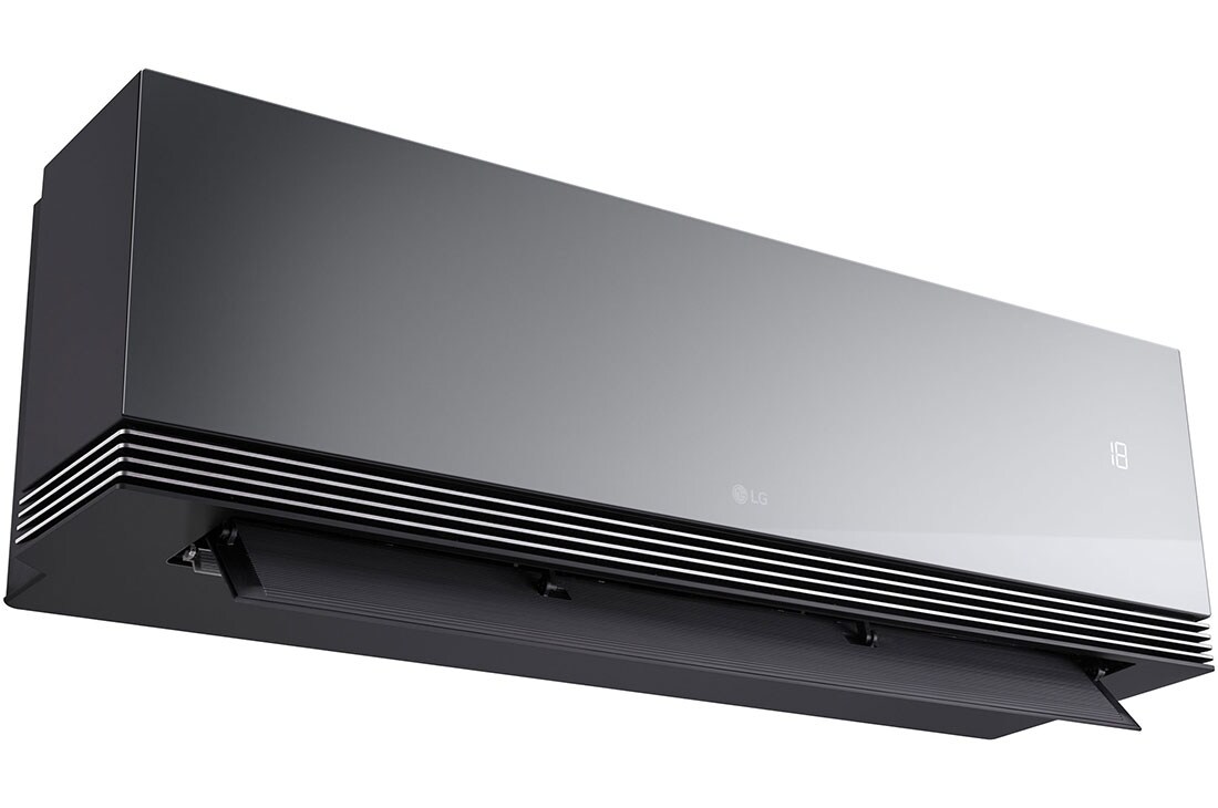 LG 2,5 kW ARTCOOL™ AI Air Mirror Single Split inverterski klima-uređaj, Prikaz sa prednje strane iz donjeg levog ugla LG AI klima-uređaja sa otvorenom donjom lopaticom, AA09SP, thumbnail 10