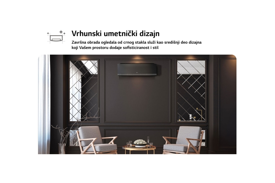 LG 2,5 kW ARTCOOL™ AI Air Mirror Single Split inverterski klima-uređaj, Moderan prostor sa crnim LG klima-uređajem na tamnom zidu, panelima sa ogledalom i elegantnim prostorom za sedenje. Tekst glasi „Vrhunski umetnički dizajn: završna obrada u vidu ogledala od crnog stak, AA09SP, thumbnail 3