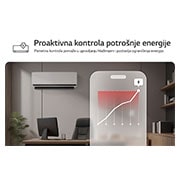 LG 3,5 kW DUALCOOL AI Air Premium single split klima-uređaj, LG klima-uređaj sa funkcijom proaktivne kontrole energije. Pametni telefon prikazuje energetski grafikon sa crvenim upozorenjem, upravljanjem hlađenjem i ograničenjima. Tekst: „Proaktivna kontrola ene, H12S1PA, thumbnail 5