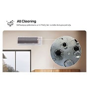 LG 3,5 kW DUALCOOL AI Air Premium single split klima-uređaj, Slika koja prikazuje funkciju Kompletno čišćenje LG klima-uređaja. Vizuelni prikaz naglašava unutrašnji proces čišćenja, sa krupnim planom koji pokazuje uklanjanje prljavštine i klica. Tekst glasi: „K, H12S1PA, thumbnail 6
