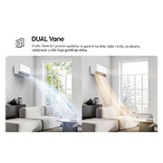LG 6,6 kW DUALCOOL AI Air Deluxe single split klima-uređaj, LG Dual Vane klima-uređaj prikazan u dnevnoj sobi. Hladan vazduh struji nagore sa leve strane, topao vazduh nadole sa desne strane. Propratni tekst glasi: „DUAL Vane širi protok vazduha nagore ili nad, H24S1DA, thumbnail 4