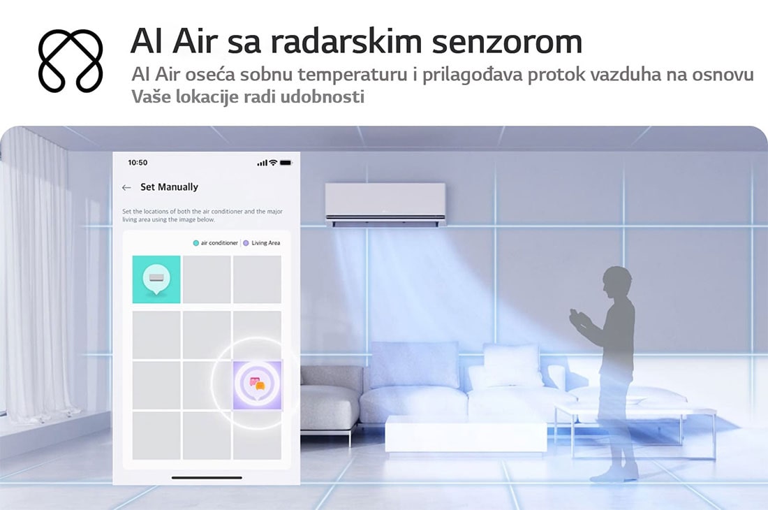 LG 3,5 kW DUALCOOL AI Air Deluxe single split klima-uređaj, Ilustracija LG AI Air tehnologije u dnevnoj sobi sa klima-uređajem na zidu. Sistem prilagođava protok vazduha tako što registruje temperaturu u prostoriji i lokaciju korisnika. Propratni tekst glasi: , H12S1DA, thumbnail 3
