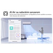 LG 3,5 kW DUALCOOL AI Air Deluxe single split klima-uređaj, Ilustracija LG AI Air tehnologije u dnevnoj sobi sa klima-uređajem na zidu. Sistem prilagođava protok vazduha tako što registruje temperaturu u prostoriji i lokaciju korisnika. Propratni tekst glasi: , H12S1DA, thumbnail 3