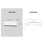 LG 5,0 kW DUALCOOL AI Air Deluxe single split klima-uređaj, Slika koja prikazuje dimenzije LG klima-uređaja i uputstva za instalaciju. Dimenzije: širina 89,5 cm, dubina 23,5 cm i visina 30,7 cm. Instalacija: Zahteva razmak od 10 cm sa obe strane, 12 cm iznad., H18S1DA, thumbnail 7