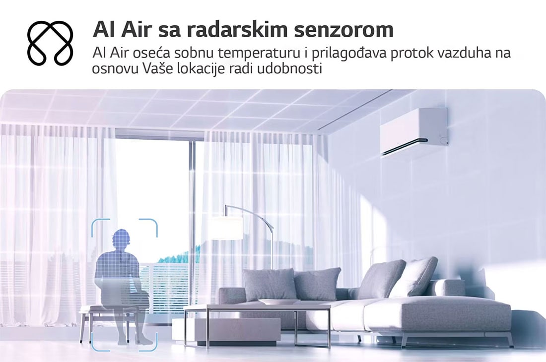 LG 2,5 kW DUALCOOL AI Air Premium single split klima-uređaj, Ilustracija LG AI Air tehnologije u dnevnoj sobi sa klima-uređajem na zidu. Sistem prilagođava protok vazduha tako što registruje temperaturu u prostoriji i lokaciju korisnika. Propratni tekst glasi: , H09S1PA, thumbnail 3