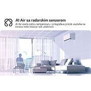 LG 2,5 kW DUALCOOL AI Air Premium single split klima-uređaj, Ilustracija LG AI Air tehnologije u dnevnoj sobi sa klima-uređajem na zidu. Sistem prilagođava protok vazduha tako što registruje temperaturu u prostoriji i lokaciju korisnika. Propratni tekst glasi: , H09S1PA, thumbnail 3