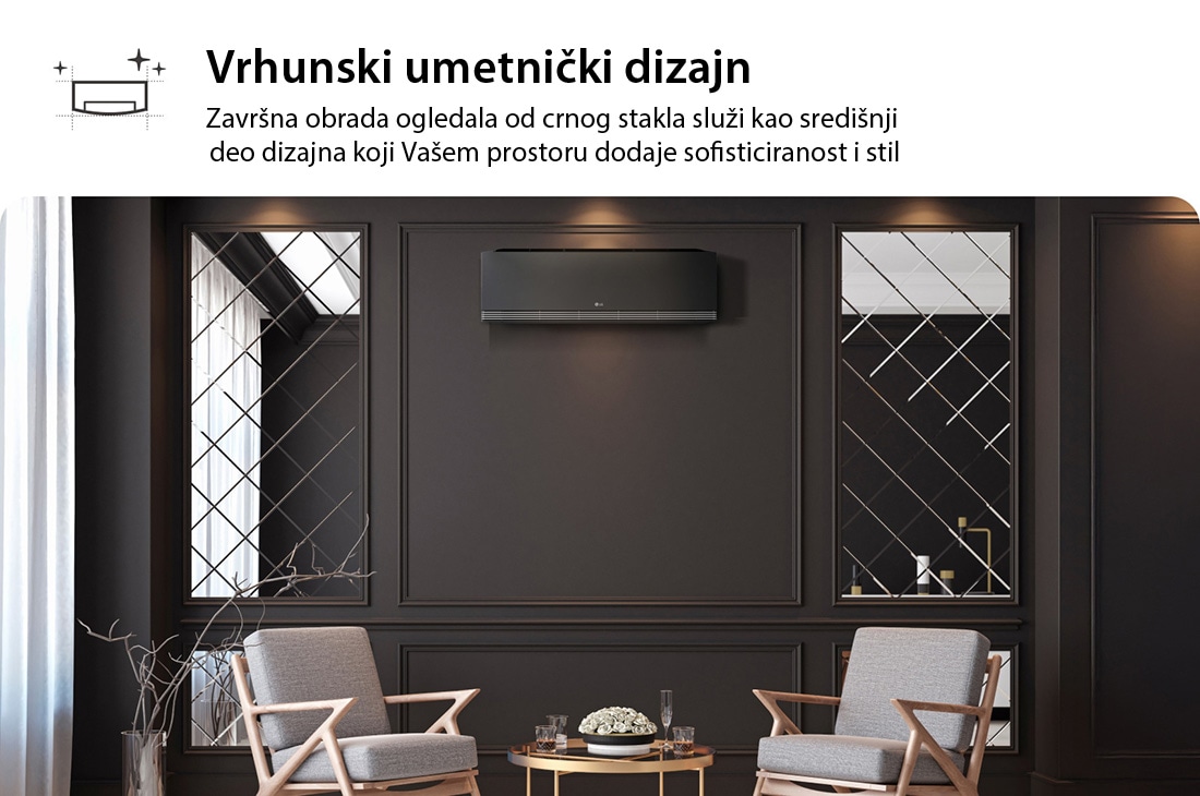 LG 3,5 kW ARTCOOL™ AI Air Mirror Single Split inverterski klima-uređaj, Moderan prostor sa crnim LG klima-uređajem na tamnom zidu, panelima sa ogledalom i elegantnim prostorom za sedenje. Tekst glasi „Vrhunski umetnički dizajn: završna obrada u vidu ogledala od crnog stak, AA12SP, thumbnail 3