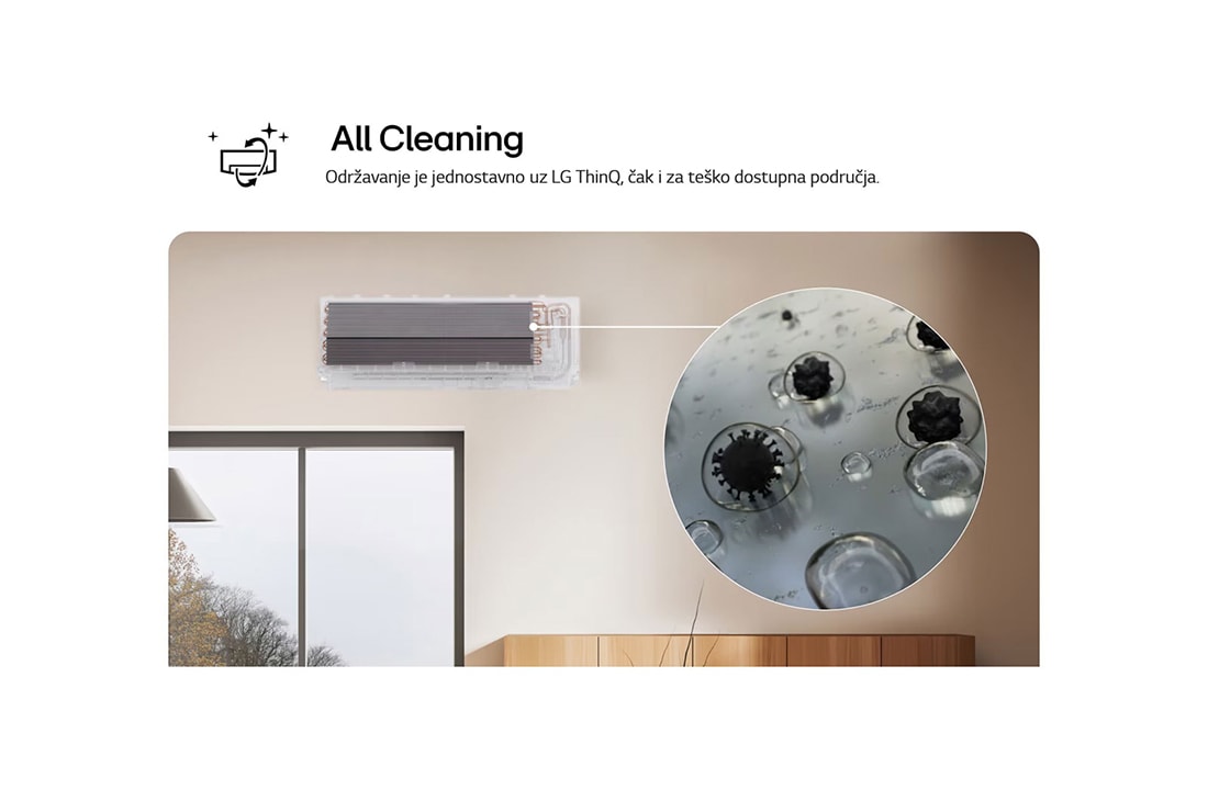 LG 3,5 kW ARTCOOL™ AI Air Mirror Single Split inverterski klima-uređaj, Slika koja prikazuje funkciju Kompletno čišćenje LG klima-uređaja. Vizuelni prikaz naglašava unutrašnji proces čišćenja, sa krupnim planom koji pokazuje uklanjanje prljavštine i klica. Tekst glasi: „K, AA12SP, thumbnail 6