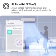 LG 2,5 kW DUALCOOL AI Air Special single split klima-uređaj, Ilustracija LG AI Air tehnologije u dnevnoj sobi sa klima-uređajem na zidu. Sistem prilagođava protok vazduha tako što registruje temperaturu u prostoriji i lokaciju korisnika. Propratni tekst glasi: , P09SND, thumbnail 3