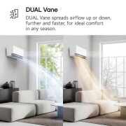 LG 2,5 kW DUALCOOL AI Air Special single split klima-uređaj, LG Dual Vane klima-uređaj prikazan u dnevnoj sobi. Hladan vazduh struji nagore sa leve strane, topao vazduh nadole sa desne strane. Propratni tekst glasi: „DUAL Vane širi protok vazduha nagore ili nad, P09SND, thumbnail 4