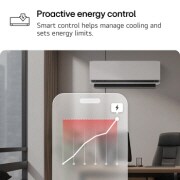 LG 2,5 kW DUALCOOL AI Air Special single split klima-uređaj, LG klima-uređaj sa funkcijom proaktivne kontrole energije. Pametni telefon prikazuje energetski grafikon sa crvenim upozorenjem, upravljanjem hlađenjem i ograničenjima. Tekst: „Proaktivna kontrola ene, P09SND, thumbnail 5