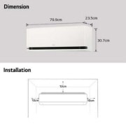 LG 3,7 kW DUALCOOL AI Air Special Single Split klima-uređaj, Slika koja prikazuje dimenzije LG klima-uređaja i uputstva za instalaciju. Dimenzije: širina 79,9 cm, dubina 23,5 cm i visina 30,7 cm. Instalacija: Zahteva razmak od 10 cm sa obe strane, 12 cm iznad., P12SND, thumbnail 3