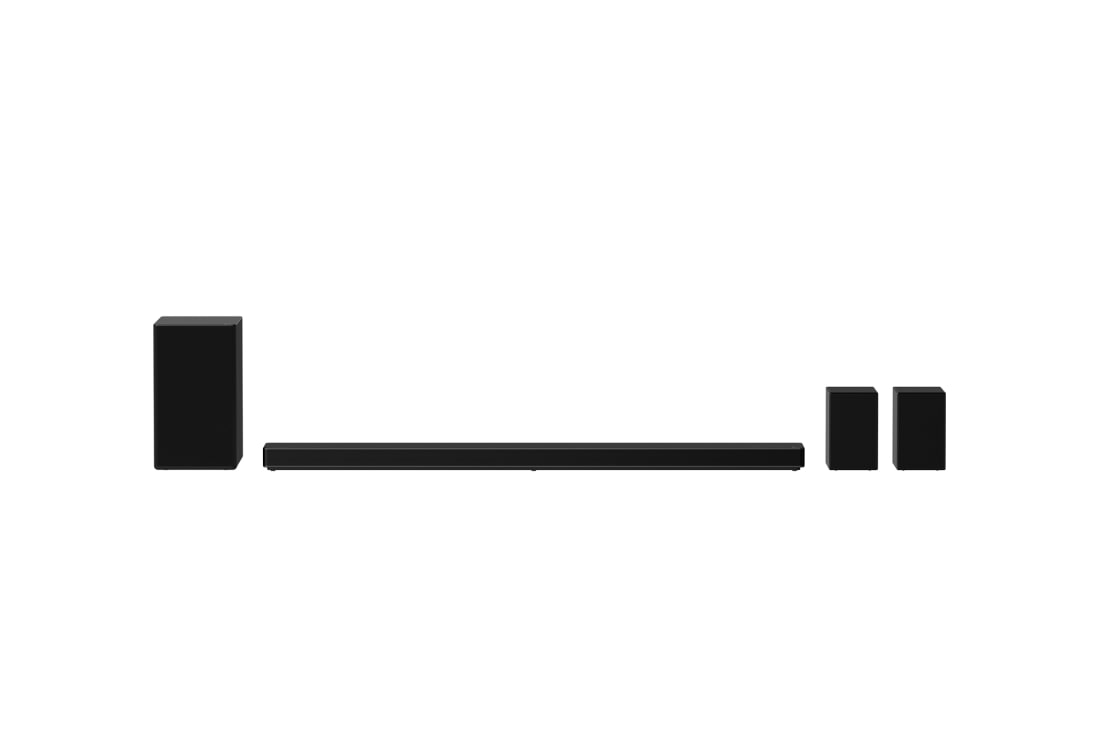 LG Soundbar SP11RA, prikaz prednje strane niskotonca i zadnjih zvučnika sa reprodukcijom zvuka nagore, SP11RA