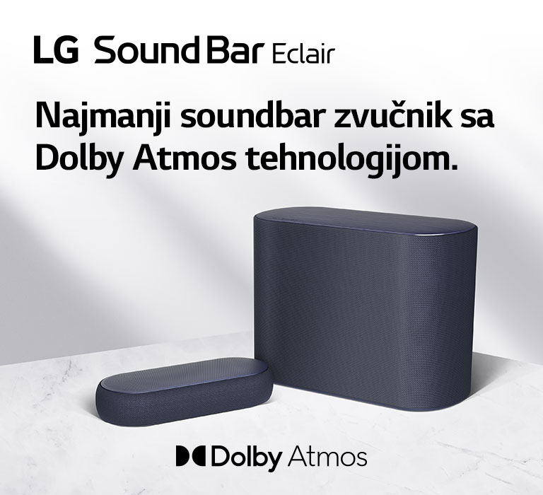 Soundbar zvučnik i niskotonac postavljeni su na mermerni pod, soundbar zvučnik i niskotonac okrenuti prema suprotnim stranama