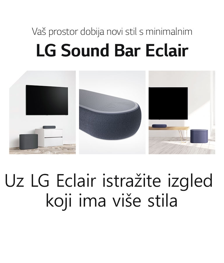 Tu je kolaž od tri slike - soundbar zvučnik i niskotonac u beloj dnevnoj sobi s leve strane, krupni plan desne strane soundbar zvučnika u sredini i soundbar zvučnik i niskotonac postavljeni na drvenom ormariću na desnoj strani kolaža slika.