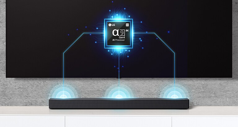 Slika alfa devet čipa na televizoru i soundbar zvučnik je ispod njega. Takođe efekat zvučnog talasa izlazi iz soundbar zvučnika.