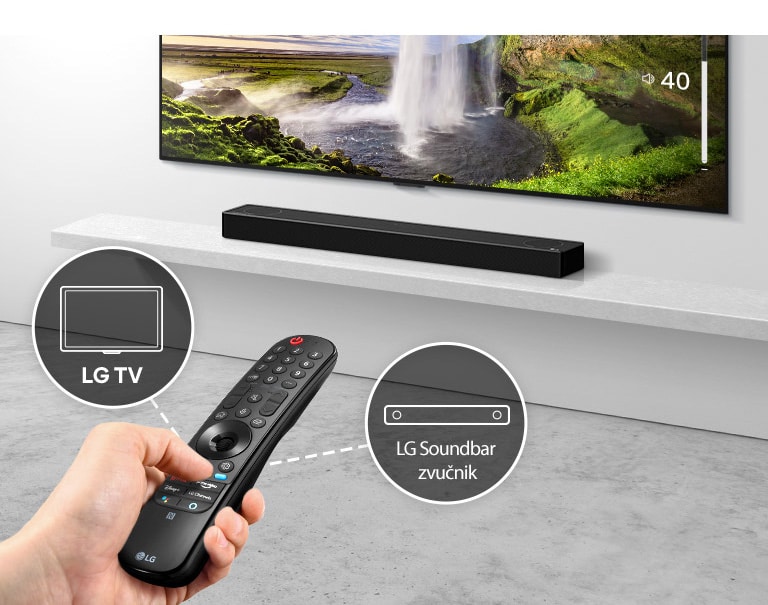 Neko u ruci drži daljinski upravljač, upravljajući televizorom i Soundbar zvučnikom u pozadini. Prisutne su ikonice LG TV i LG Soundbar zvučnik.