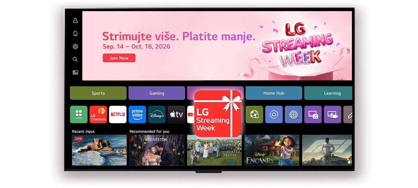 Početni korisnički interfejs webOS-a sa banerom i ikonom aplikacije LG Streaming Week, sa streaming aplikacijama i preporučenim sadržajem prikazanim na ekranu.