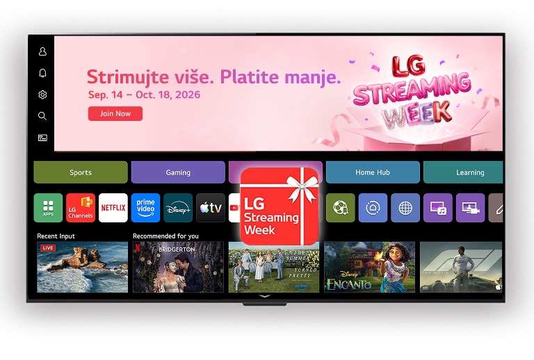 Početni korisnički interfejs webOS-a sa banerom i ikonom aplikacije LG Streaming Week, sa streaming aplikacijama i preporučenim sadržajem prikazanim na ekranu.