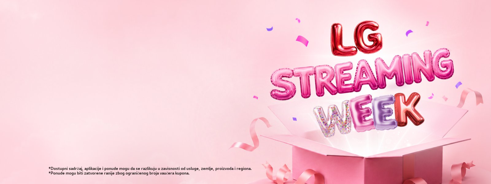 Šarena slova u stilu balona „LG Streaming Week“ izlaze iz otvorene roze poklon kutije, okružena trakama i konfetama na nežnoj roze pozadini.