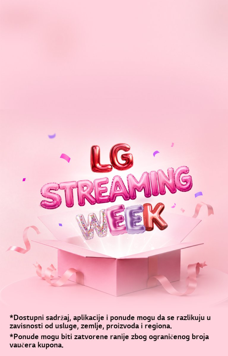 Šarena slova u stilu balona „LG Streaming Week“ izlaze iz otvorene roze poklon kutije, okružena trakama i konfetama na nežnoj roze pozadini.