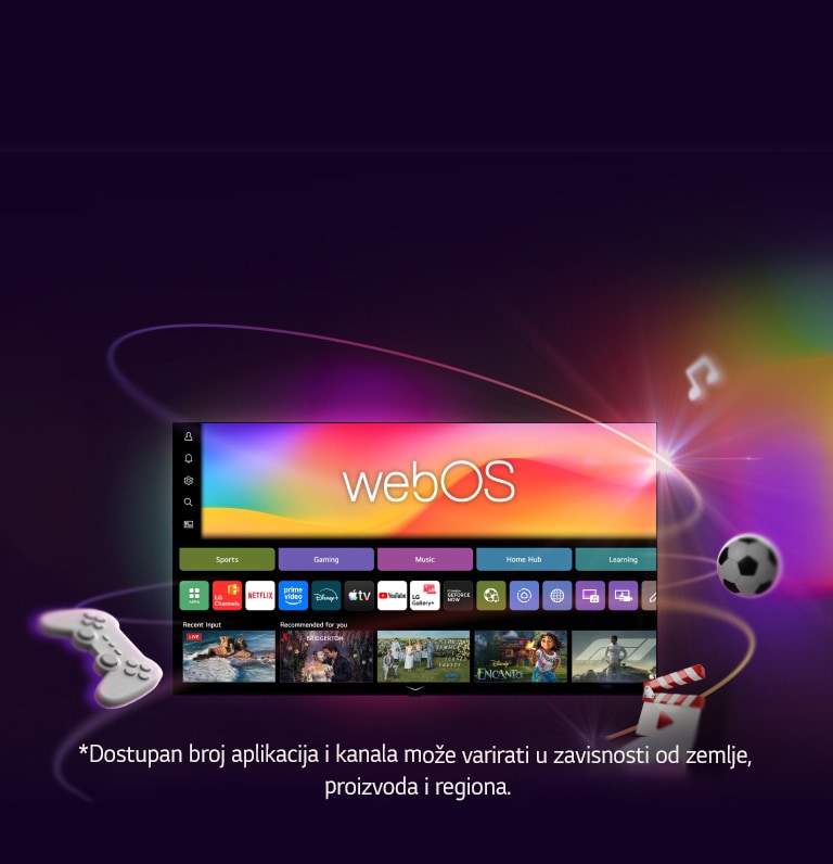 LG pametni TV na kom je prikazan početni ekran sistema webOS s aplikacijama za zabavu i elementima korisničkog interfejsa LG Channels koji se dinamički šire ka spolja i ističu preko 4000 globalnih aplikacija i kanala.