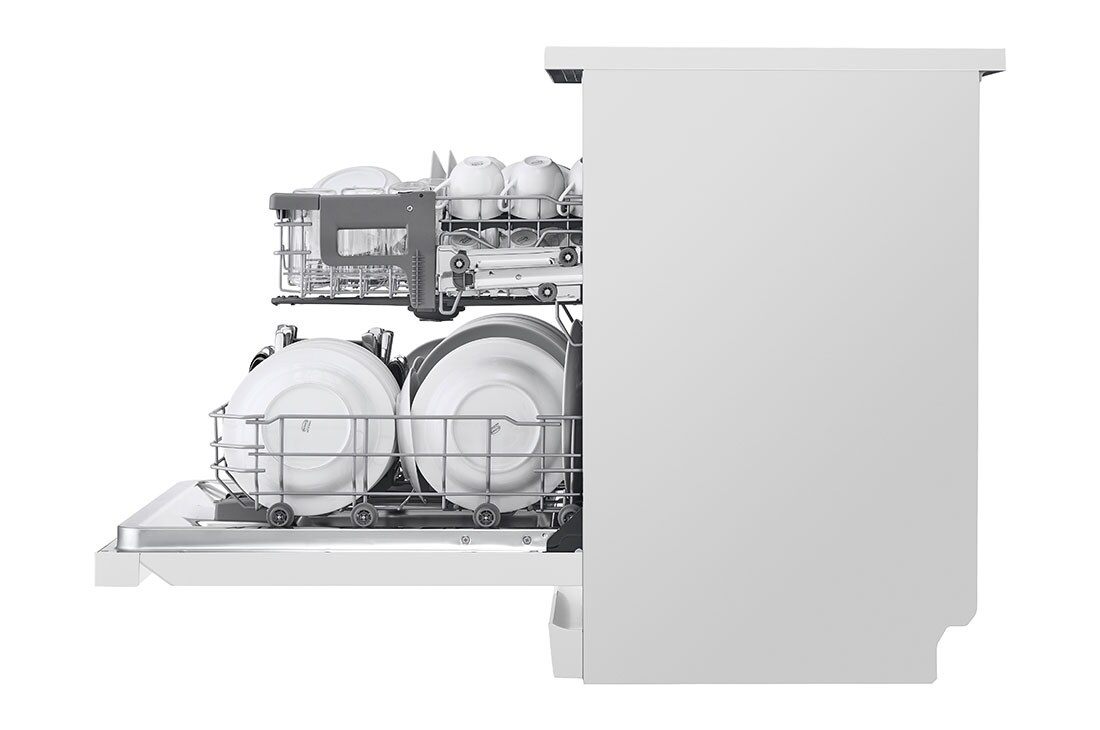 LG QuadWash™ Mašina za pranje sudova sa TrueSteam™ tehnologijom pare, set od 14 kompleta, ThinQ™, WiFi funkcija , side view open with dish, DF242FWS, thumbnail 11