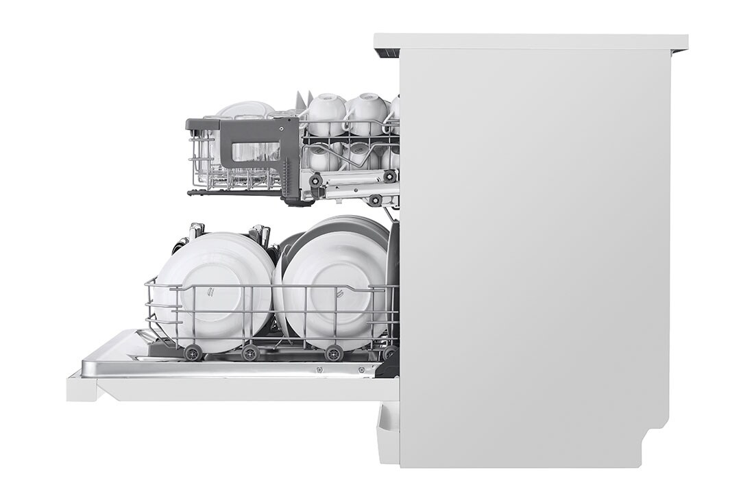 LG QuadWash™ Mašina za pranje sudova sa TrueSteam™ tehnologijom pare, set od 14 kompleta, ThinQ™, WiFi funkcija , side view open with dish, DF242FWS, thumbnail 12