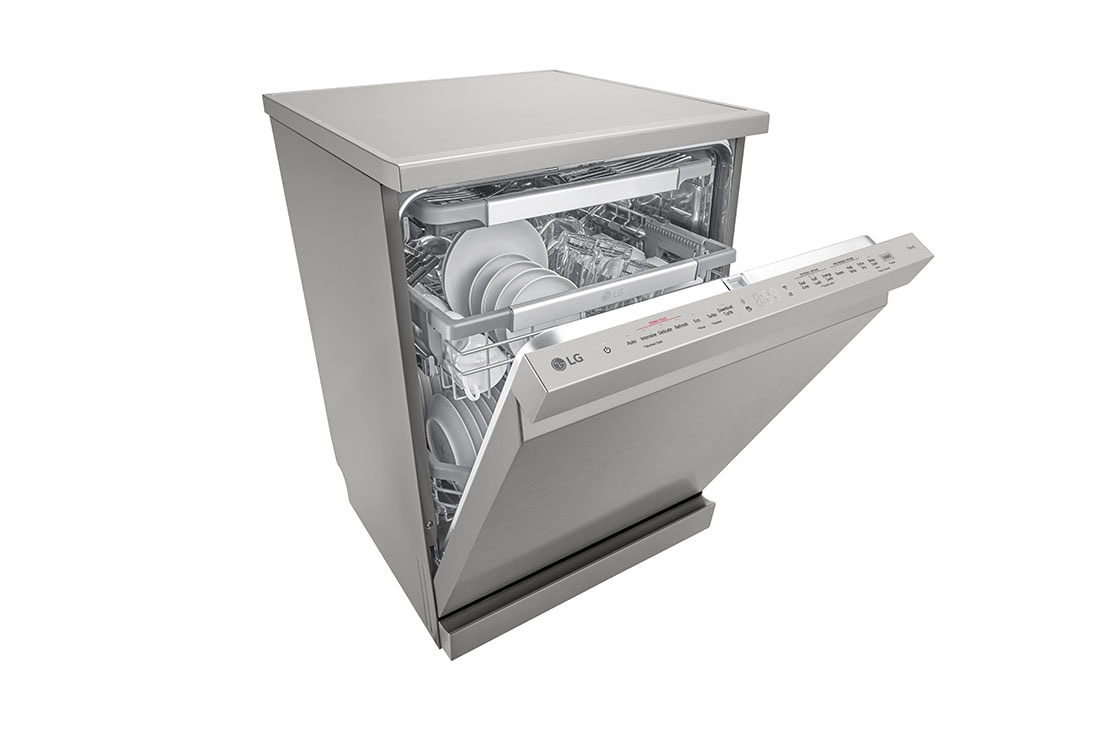 LG QuadWash™ Mašina za pranje sudova sa TrueSteam™ tehnologijom pare, vrata sa automatskim otvaranjem, set za 14 kompleta, ThinQ™, WiFi funkcija, left side partially open view with dish, DF455HPS, thumbnail 6