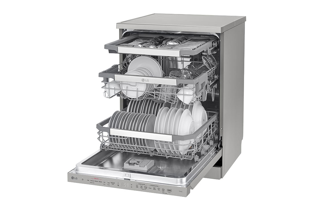 LG QuadWash™ Mašina za pranje sudova sa TrueSteam™ tehnologijom pare, vrata sa automatskim otvaranjem, set za 14 kompleta, ThinQ™, WiFi funkcija, right side view with dish, DF455HPS, thumbnail 8