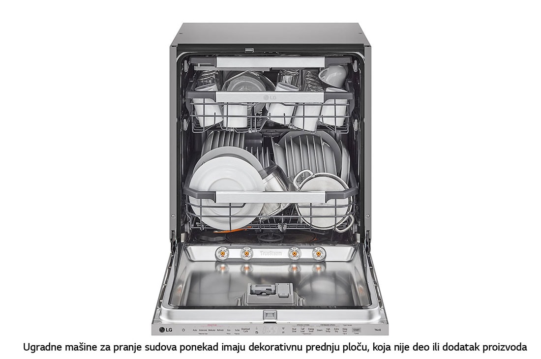 LG QuadWash™ Ugradne parna mašina za pranje sudova sa TrueSteam™ tehnologijom pare, vrata sa automatskim otvaranjem, set za 14 kompleta, ThinQ™  WiFi funkcija, Pogled spreda sa otvorenim vratima, DB475TXS, thumbnail 2