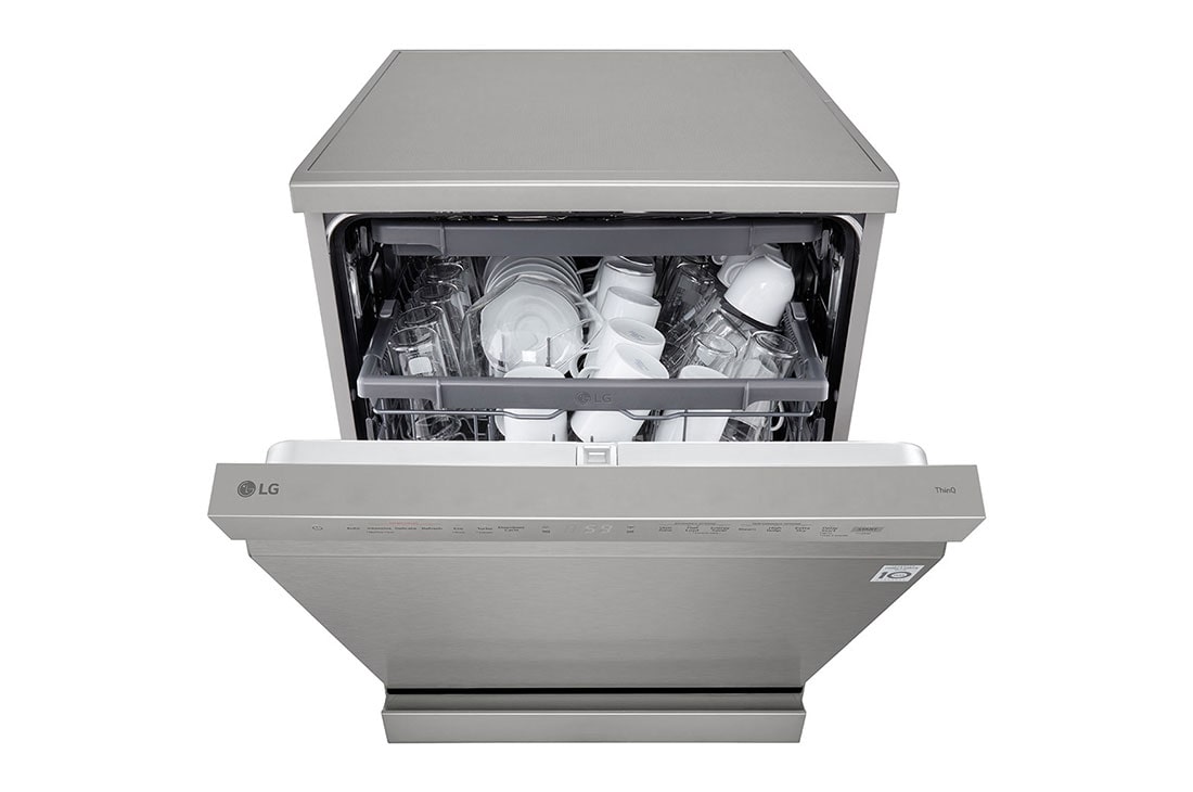 LG QuadWash™ Mašina za pranje sudova sa TrueSteam™ tehnologijom pare, set od 14 kompleta, ThinQ™  WiFi funkcija , Prednja gornja vrata otvorena sa pogledom na hranu, DF243FVS, thumbnail 4