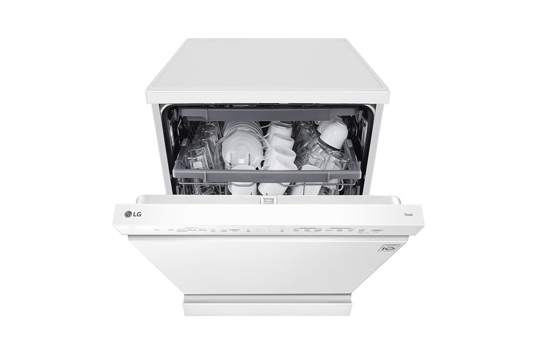 LG QuadWash™ Mašina za pranje sudova sa TrueSteam™ tehnologijom pare, set od 14 kompleta, ThinQ™  WiFi funkcija , front half wide open with utensils stored, DF243FWS, thumbnail 4