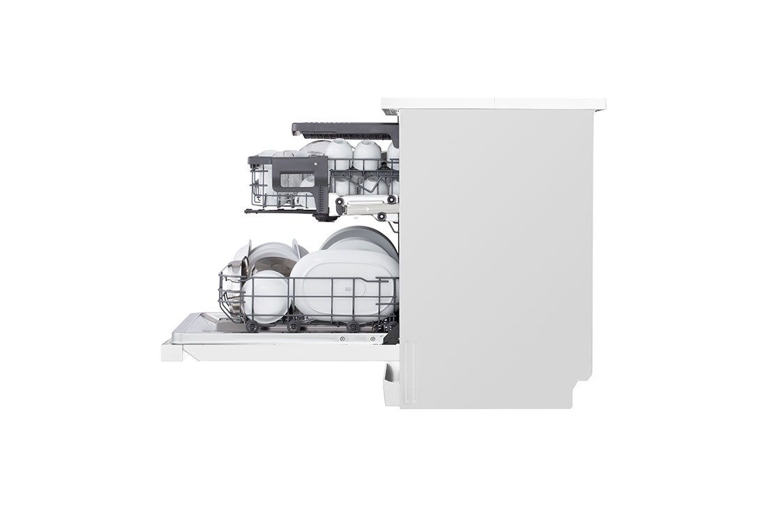 LG QuadWash™ Mašina za pranje sudova sa TrueSteam™ tehnologijom pare, set od 14 kompleta, ThinQ™  WiFi funkcija , side view with utensils stored, DF243FWS, thumbnail 5