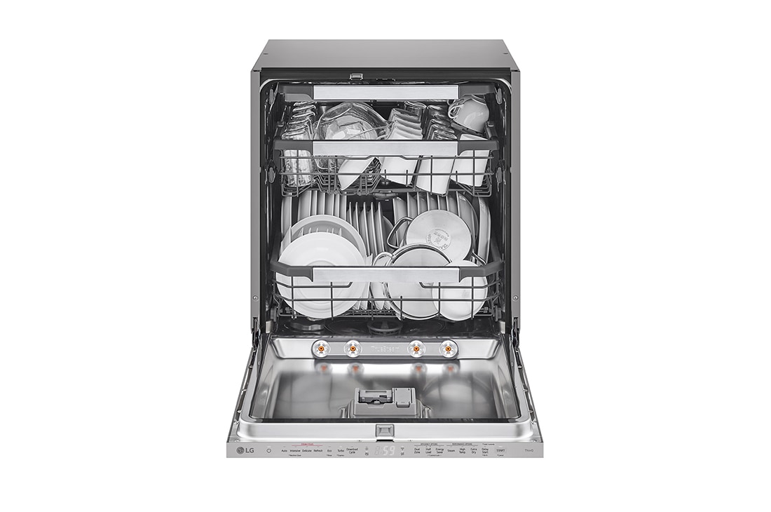 LG QuadWash™ Ugradne parna mašina za pranje sudova sa TrueSteam™ tehnologijom pare, vrata sa automatskim otvaranjem, set za 14 kompleta, ThinQ™  WiFi funkcija, Pogled spreda sa otvorenim vratima, DB597TXS, thumbnail 2