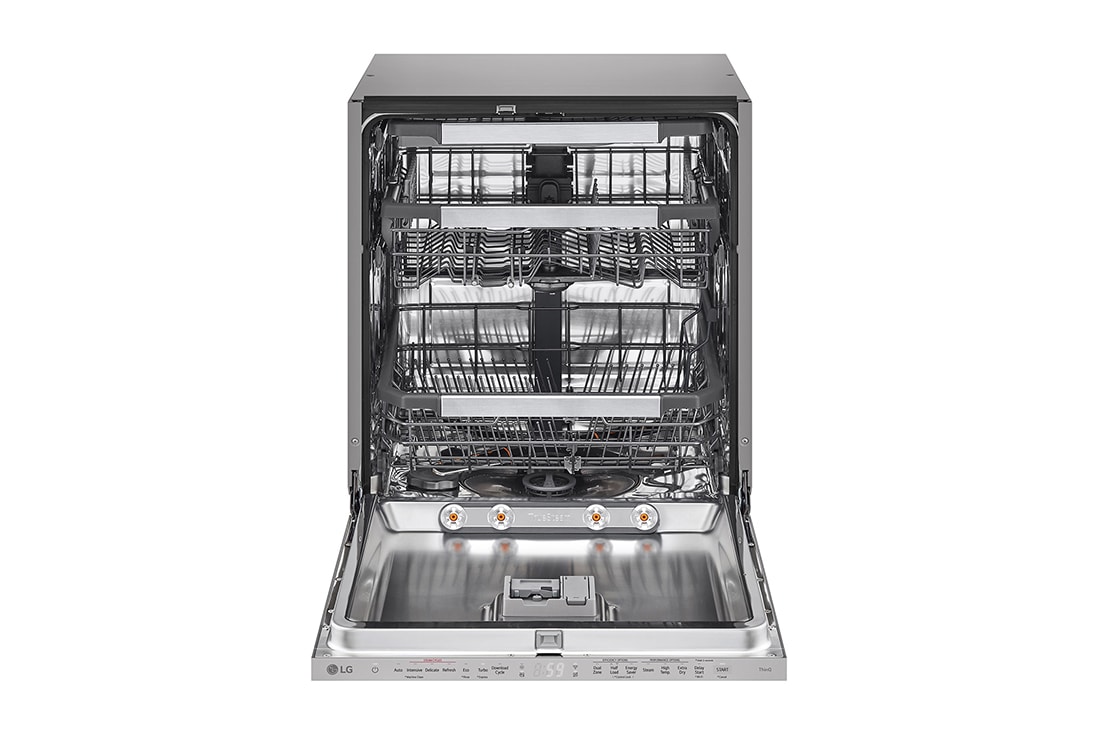LG QuadWash™ Ugradne parna mašina za pranje sudova sa TrueSteam™ tehnologijom pare, vrata sa automatskim otvaranjem, set za 14 kompleta, ThinQ™  WiFi funkcija, Pogled spreda sa otvorenim vratima, DB597TXS, thumbnail 3