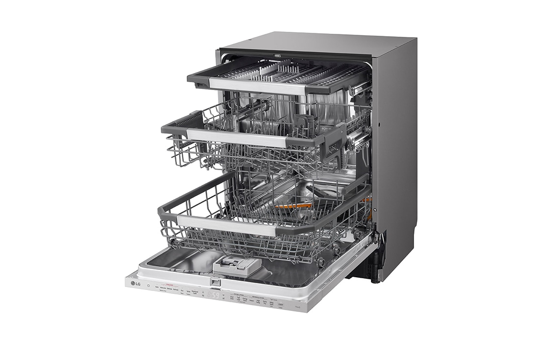 LG QuadWash™ Ugradne parna mašina za pranje sudova sa TrueSteam™ tehnologijom pare, vrata sa automatskim otvaranjem, set za 14 kompleta, ThinQ™  WiFi funkcija, Pogled sa desne strane sa otvorenim vratima, DB597TXS, thumbnail 11