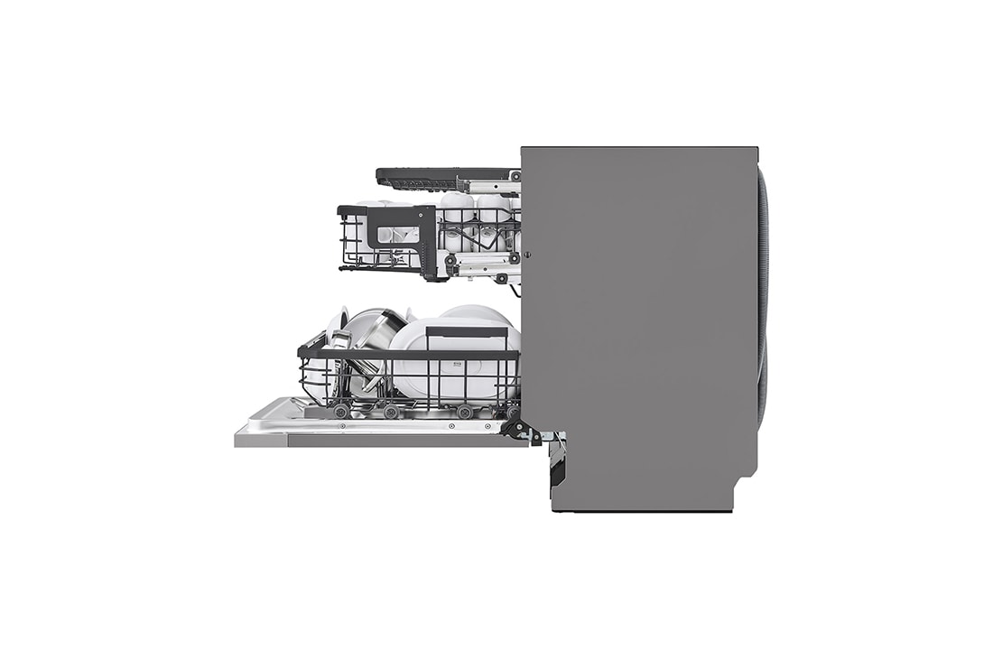 LG QuadWash™ Ugradne parna mašina za pranje sudova sa TrueSteam™ tehnologijom pare, vrata sa automatskim otvaranjem, set za 14 kompleta, ThinQ™  WiFi funkcija, Pogled sa desne strane sa otvorenim vratima, DB597TXS, thumbnail 12