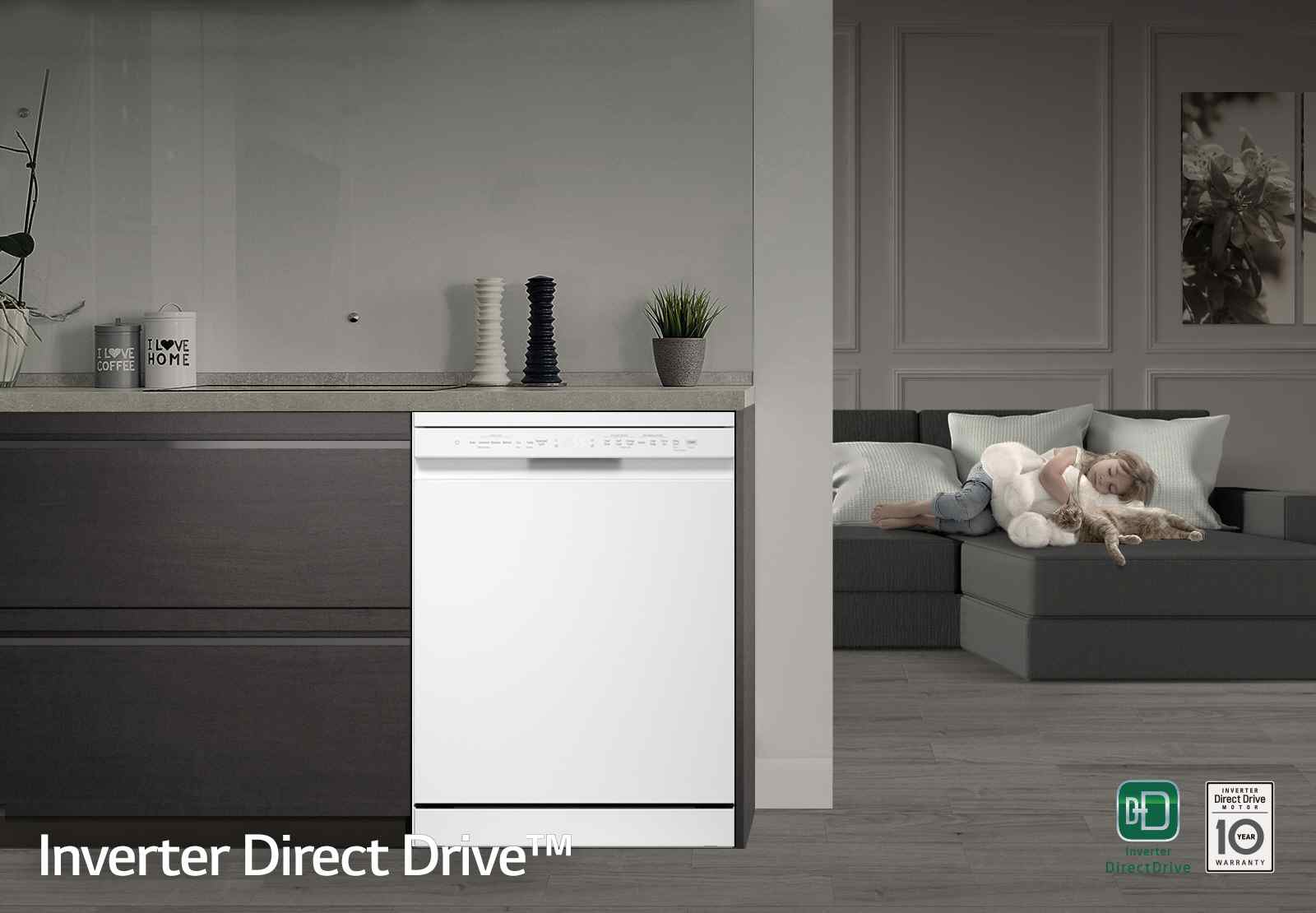Самостојећа машина за прање судова са тихим LG Inverter Direct Drive мотором, која може да се угради у кухињски ормар.