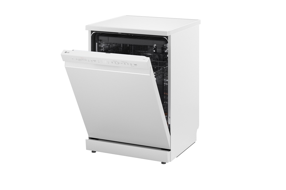 LG QuadWash™ Mašina za pranje sudova sa TrueSteam™ tehnologijom pare, vrata sa automatskim otvaranjem, set za 14 kompleta, ThinQ™ WiFi funkcija, right side wide open with utensils stored, DF273FWS, thumbnail 12