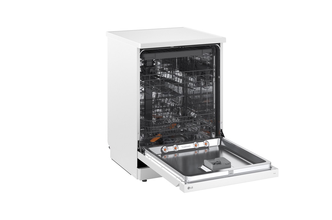 LG QuadWash™ Mašina za pranje sudova sa TrueSteam™ tehnologijom pare, vrata sa automatskim otvaranjem, set za 14 kompleta, ThinQ™ WiFi funkcija, left side wide open with utensils stored, DF273FWS, thumbnail 9