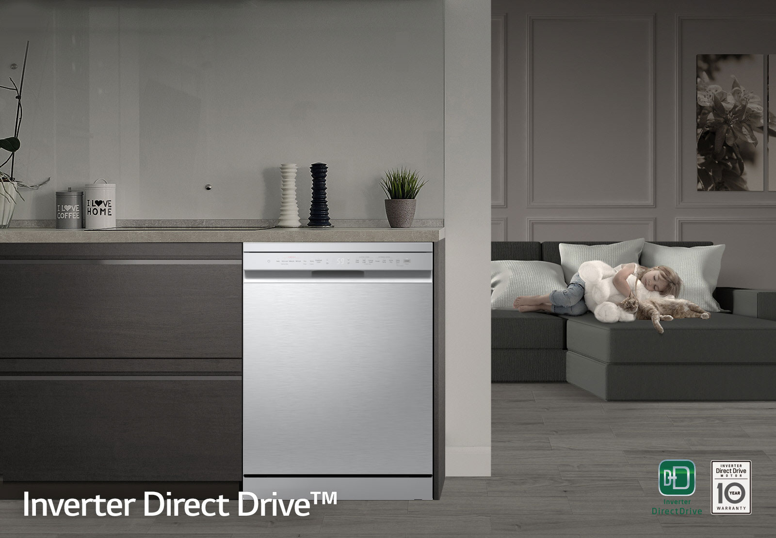 Самостојећа машина за прање судова са тихим LG Inverter Direct Drive мотором, која може да се угради у кухињски ормар.