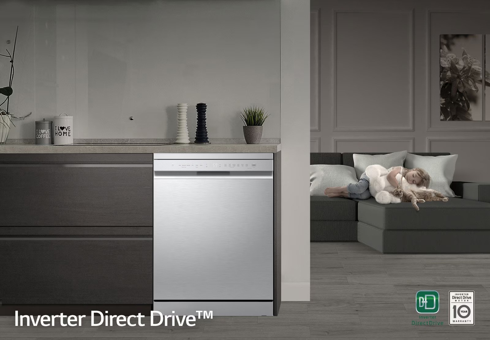 Самостојећа машина за прање судова са тихим LG Inverter Direct Drive мотором, која може да се угради у кухињски ормар.