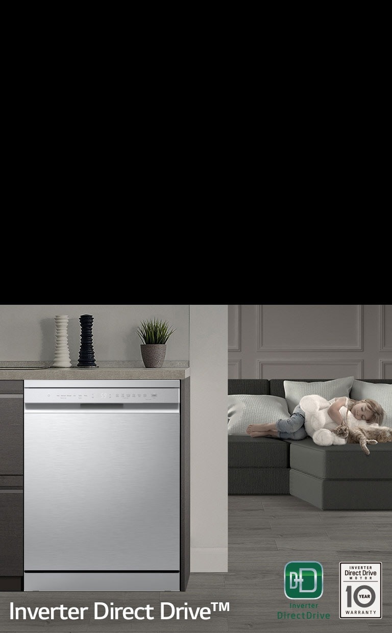Самостојећа машина за прање судова са тихим LG Inverter Direct Drive мотором, која може да се угради у кухињски ормар.