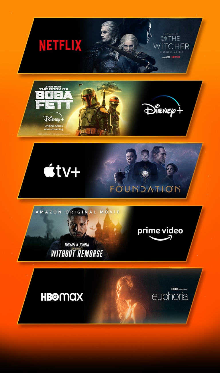 Prikazano je 5 blokova slika – na svakoj su logotip platforme za strimovanje sadržaja i scena. Logotip Netflix i Witcher, logotip Disney plus i Boba fett, logotip Apple TV plus i Foundation, logotip prime video i Without Remorse i logotip LG Channels i samostalan logotip.  