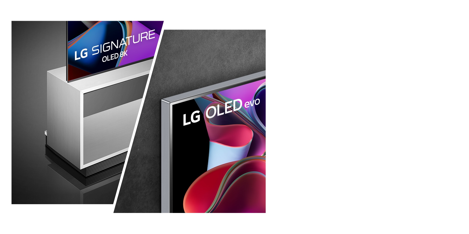 Na levoj strani slike prikazuje se bočni prikaz LG OLED Z3 sa podnim postoljem. Na desnoj strani prikazuje se Gallery dizajn LG OLED G3.