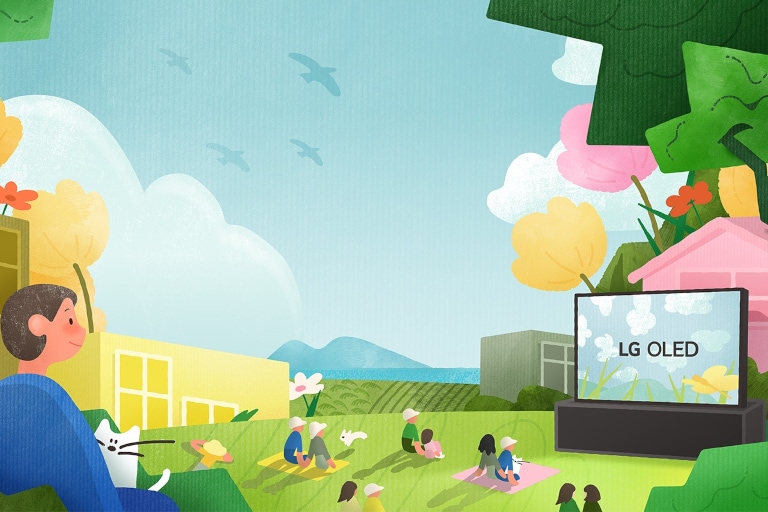 Prikaz ljudi koji gledaju LG OLED u okruženju bujne prirode sa živopisnim zelenilom, sa cvećem, pticama i pogledom na okean.
