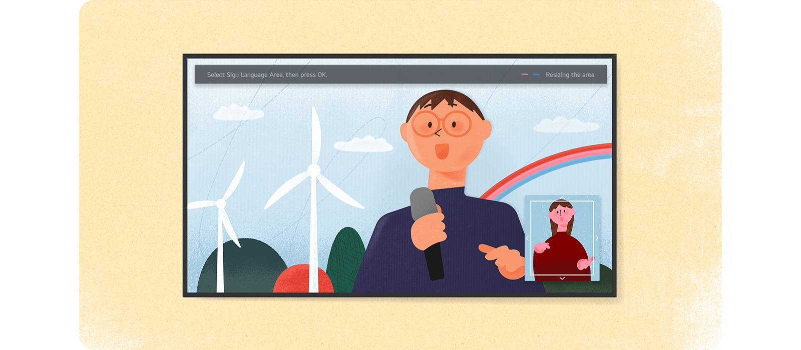 Ilustracija LG OLED prikazuje prenos vremenske prognoze sa tumačem za znakovni jezik u polju sa strelicom koja prikazuje promenu veličine. 