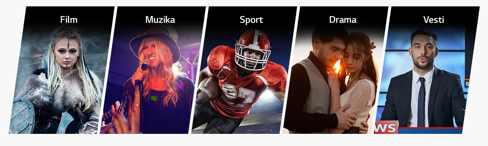 Četiri vertikalne kartice sa naslovima za opcije Film, Muzika, Sport, Serija i Vesti