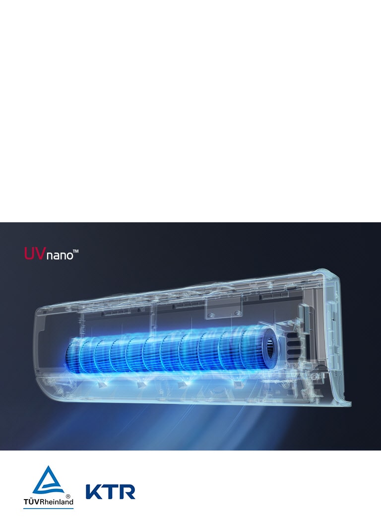 Unutrašnjost sistema filtracije UVnano prikazana je ispred crne pozadine tako da UV svetlo svetli iznutra. Vazduh se filtrira kroz vrh mašine i izduvava na dnu. Piše UVnano u gornjem levom uglu. Logotip TUV Rheinland i logotip KTR prikazani su pored slike.